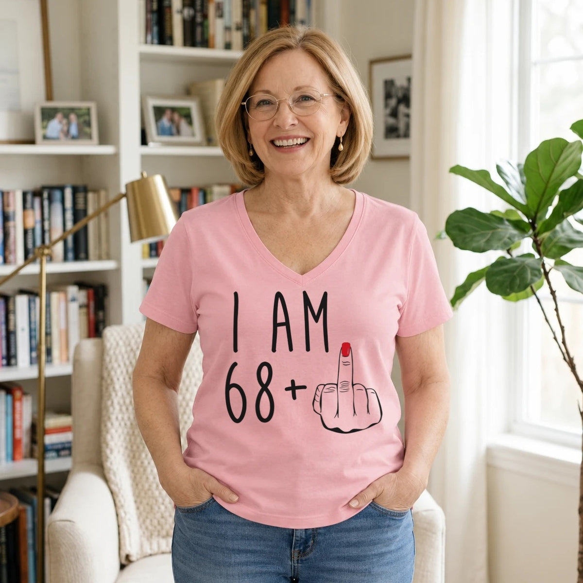 I Am 68 + Middle Finger - Funny 69th Birthday T-Shirt for Women - Blush Pink V-Neck