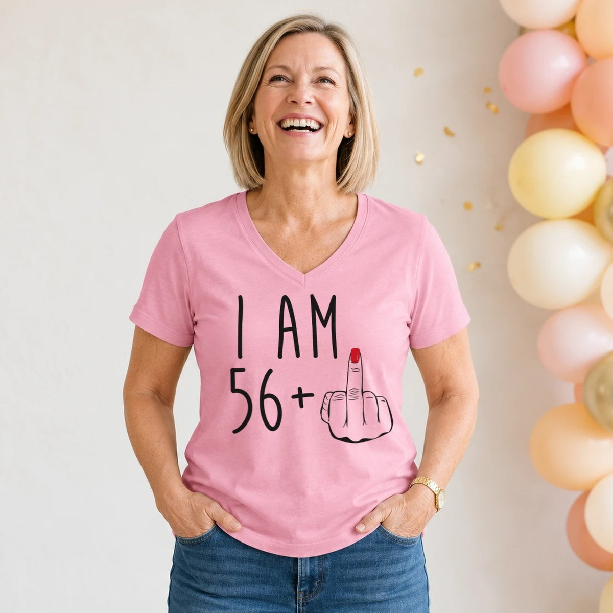I Am 56 + Middle Finger - Funny 57th Birthday T-Shirt for Women - Blush Pink V-Neck