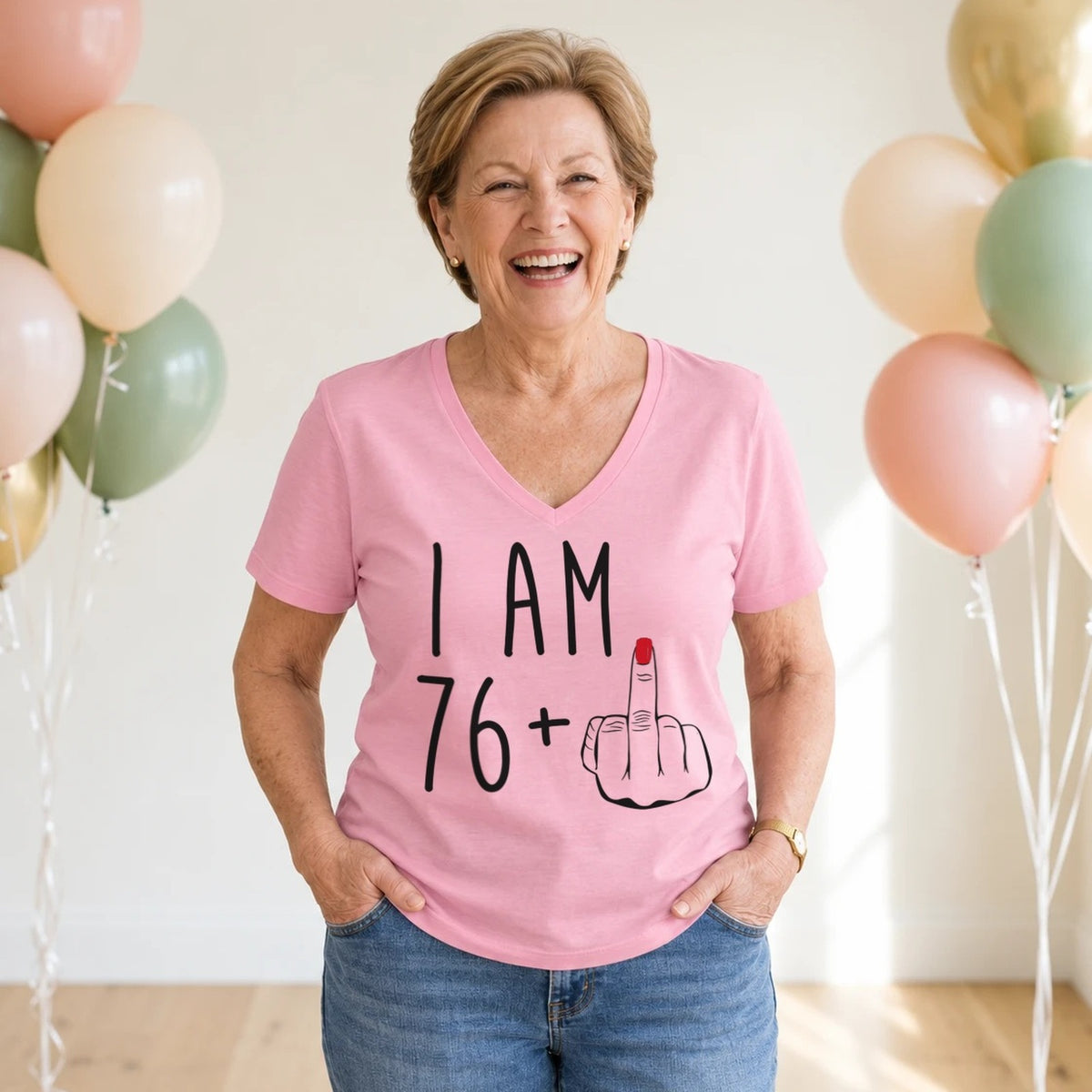 I Am 76 + Middle Finger - Funny 77th Birthday T-Shirt for Women - Blush Pink V-Neck