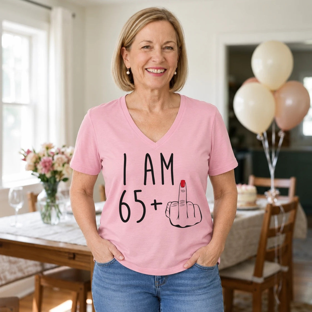 I Am 65 + Middle Finger - Funny 66th Birthday T-Shirt for Women - Blush Pink V-Neck