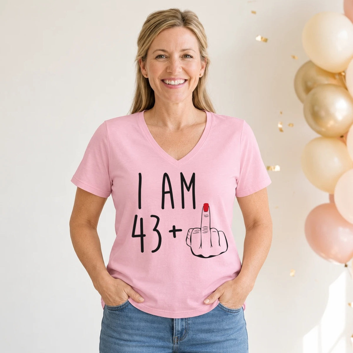 I Am 43 + Middle Finger - Funny 44th Birthday T-Shirt for Women - Blush Pink V-Neck