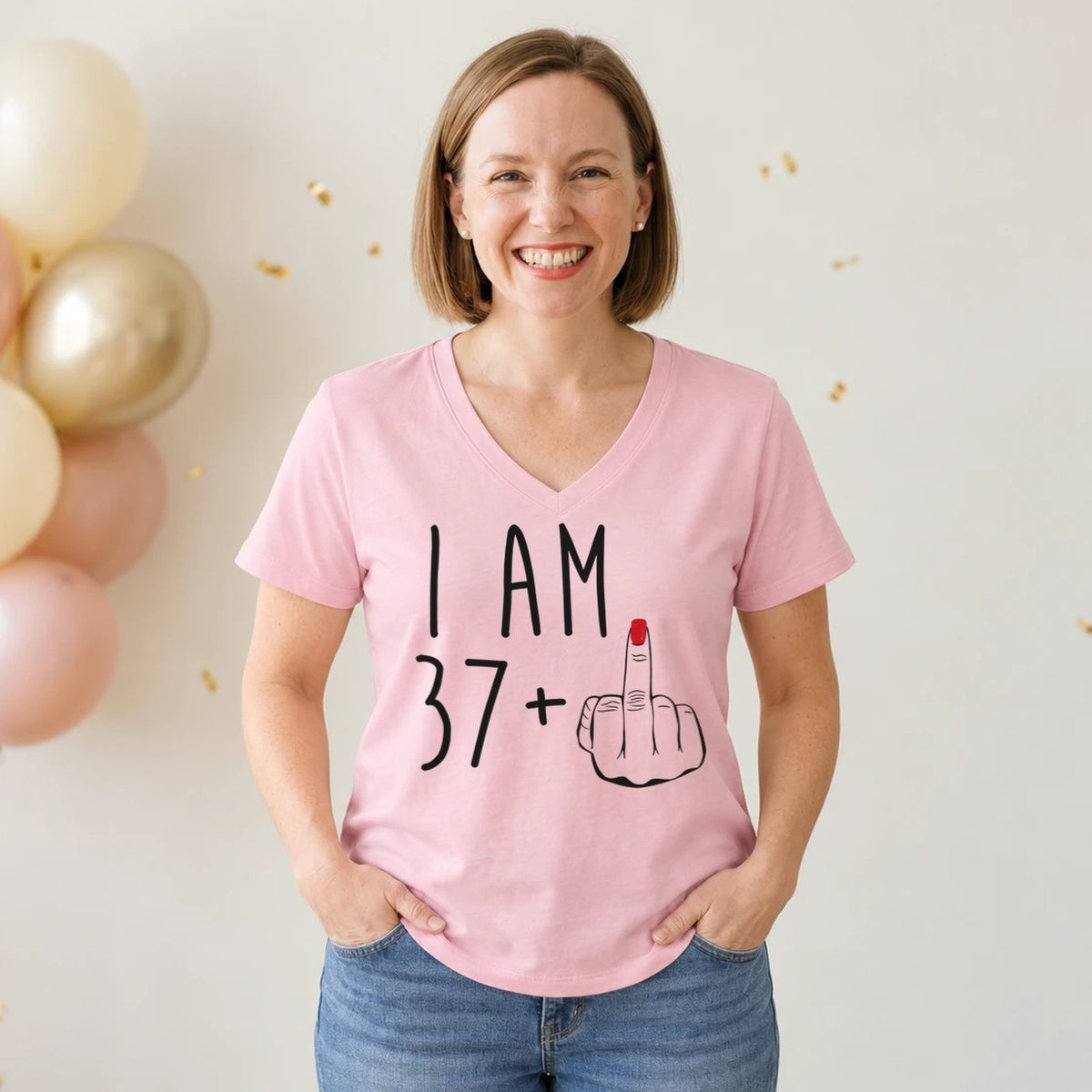 I Am 37 + Middle Finger - Funny 38th Birthday T-Shirt for Women - Blush Pink V-Neck
