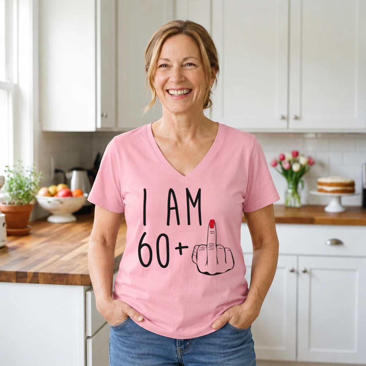 I Am 60 + Middle Finger - Funny 61st Birthday T-Shirt for Women - Blush Pink V-Neck