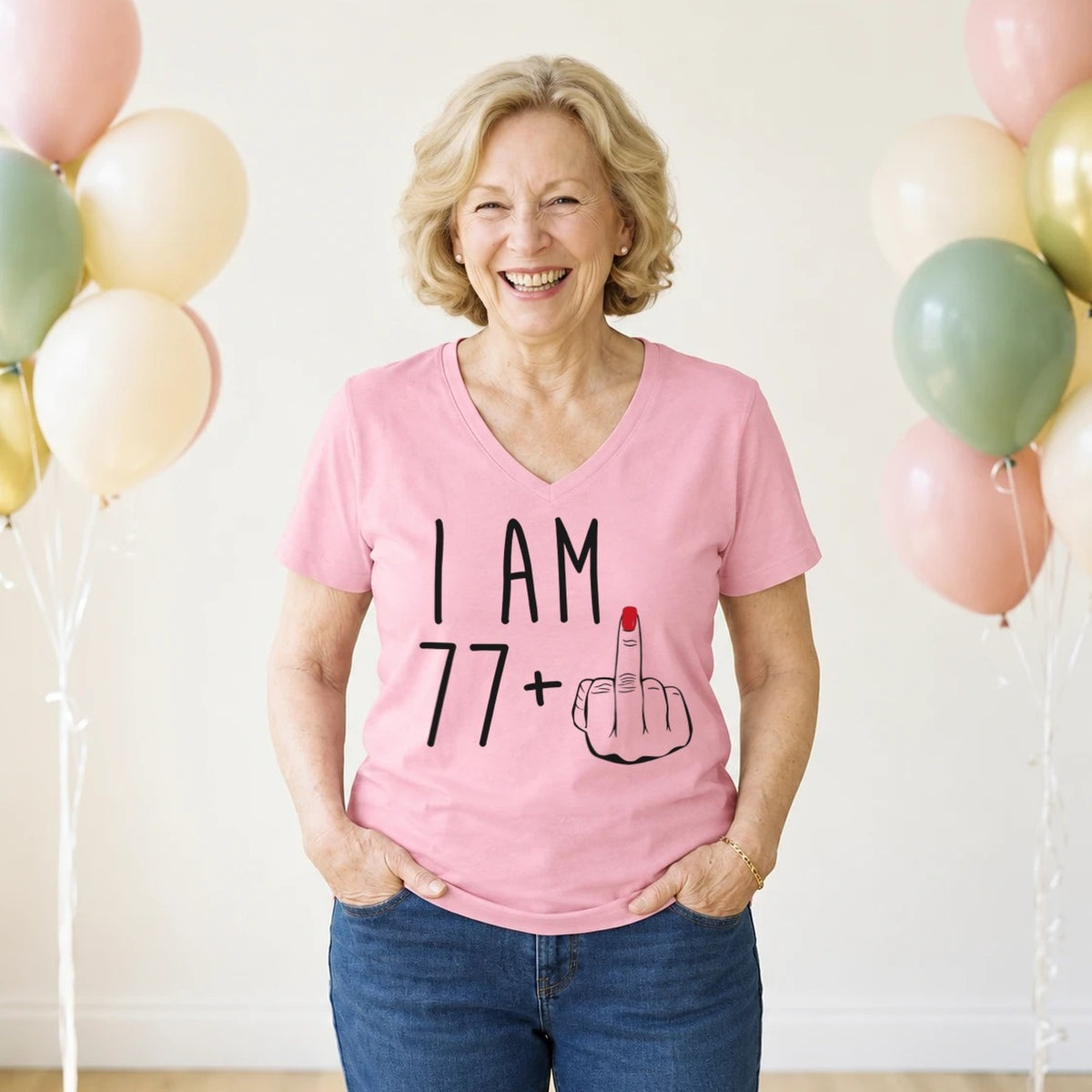 I Am 77 + Middle Finger - Funny 78th Birthday T-Shirt for Women - Blush Pink V-Neck