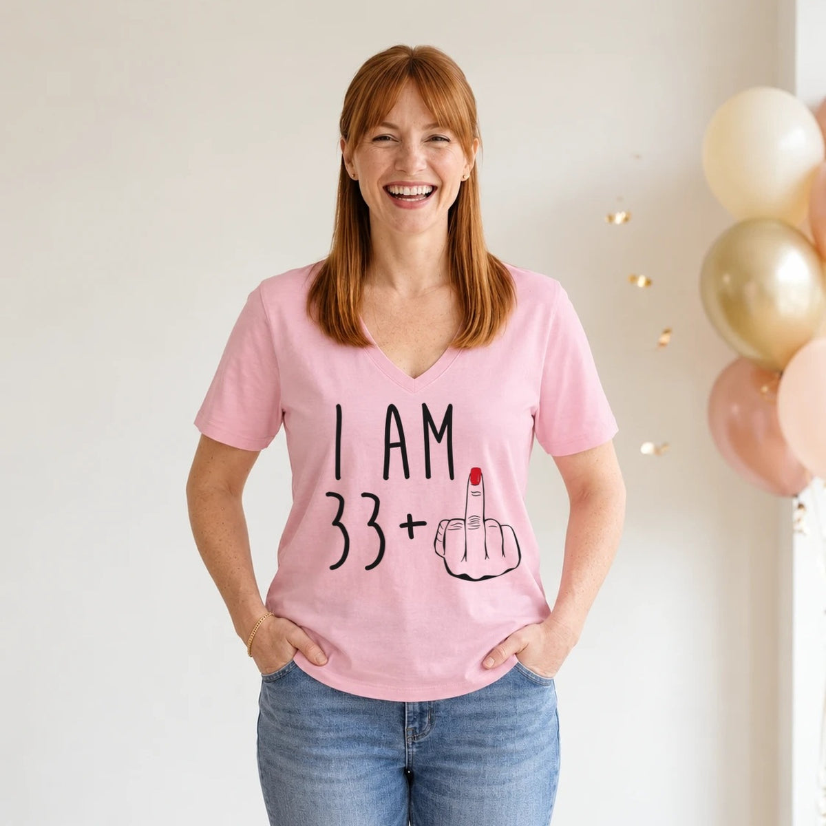 I Am 33 + Middle Finger - Funny 34th Birthday T-Shirt for Women - Blush Pink V-Neck