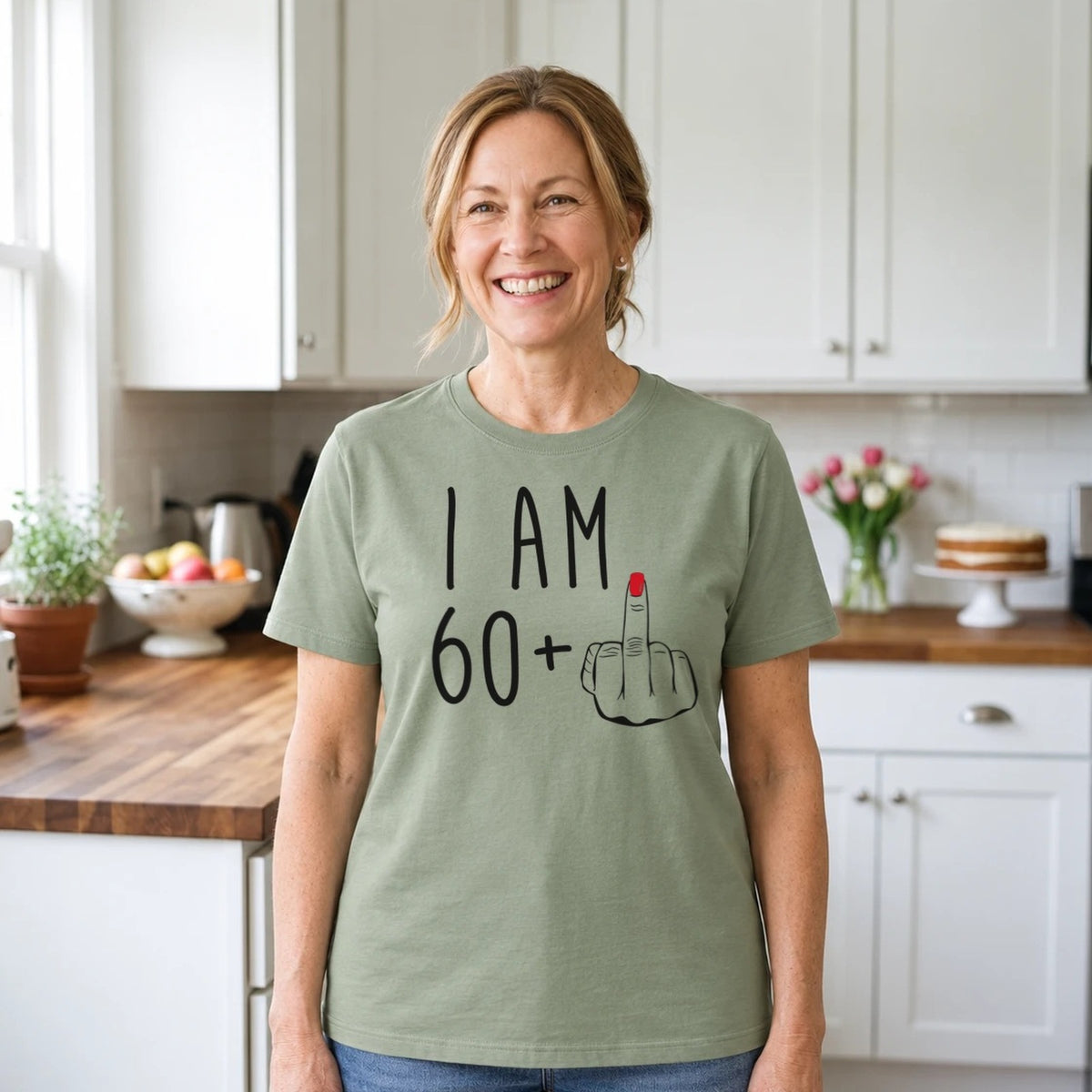 I Am 60 + Middle Finger - Funny 61st Birthday T-Shirt for Women - Sage Green Round Neck