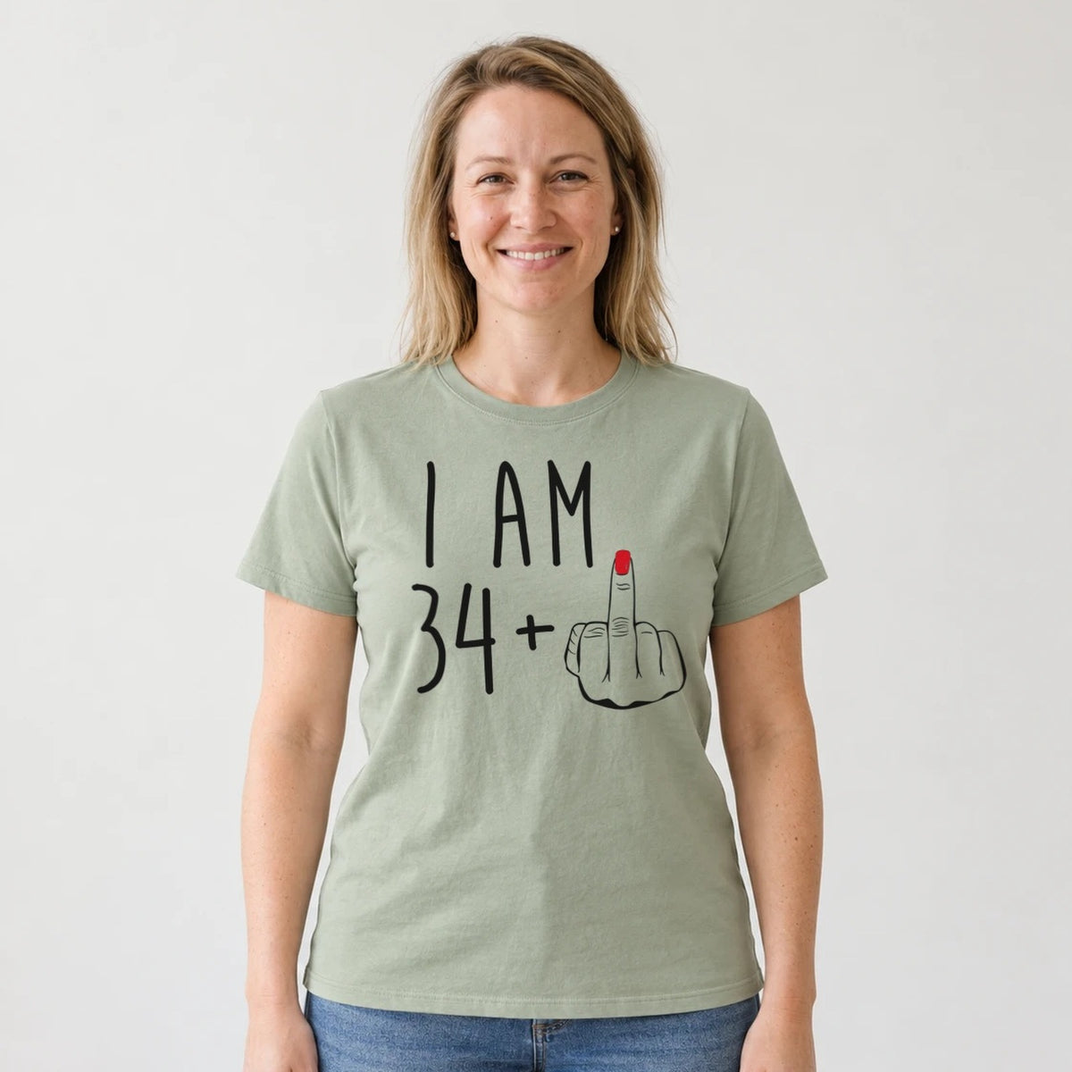 I Am 34 + Middle Finger - Funny 35th Birthday T-Shirt for Women - Sage Green Round Neck