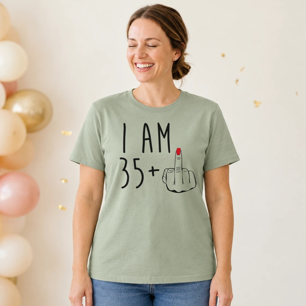I Am 35 + Middle Finger - Funny 36th Birthday T-Shirt for Women - Sage Green Round Neck