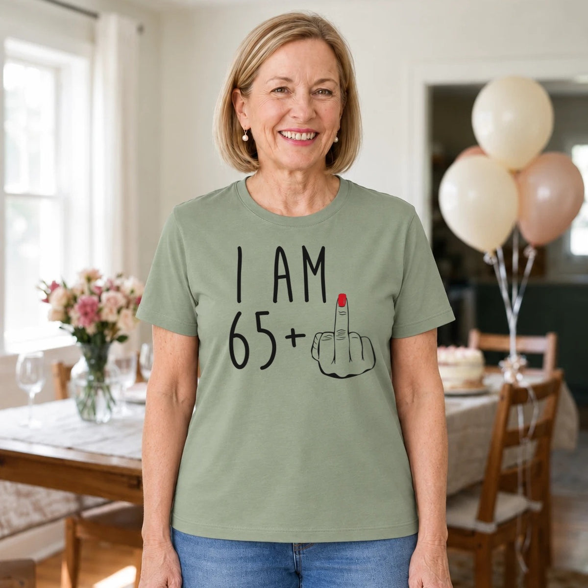 I Am 65 + Middle Finger - Funny 66th Birthday T-Shirt for Women - Sage Green Round Neck