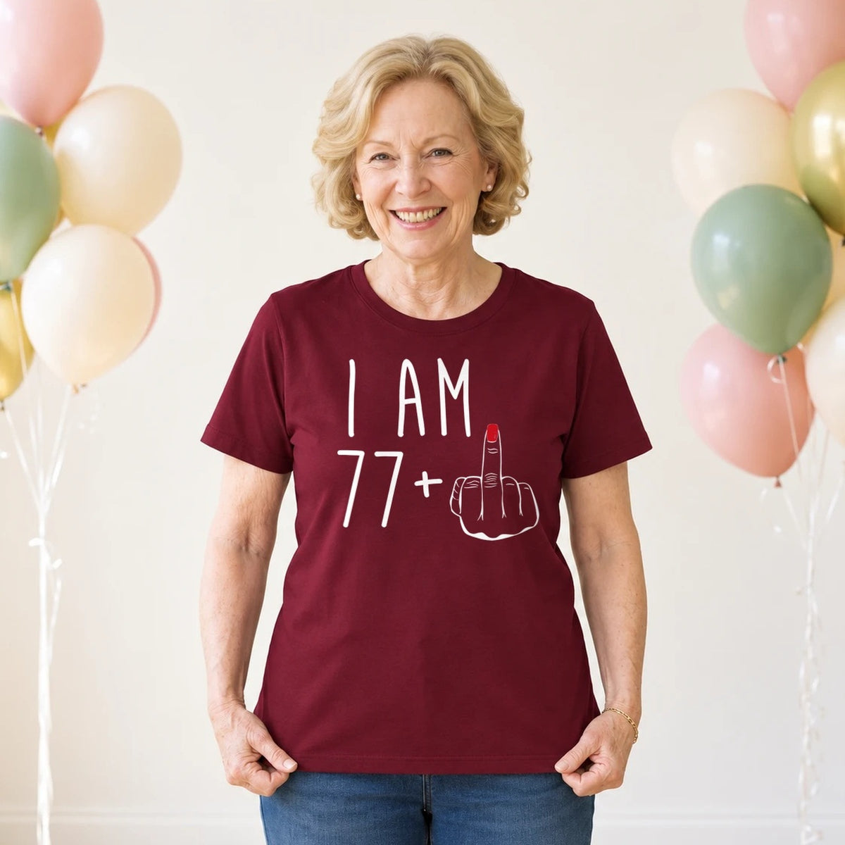I Am 77 + Middle Finger - Funny 78th Birthday T-Shirt for Women - Burgundy Round Neck