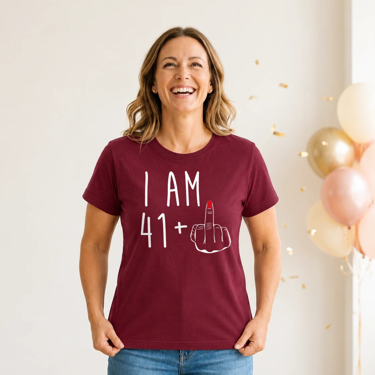 I Am 41 + Middle Finger - Funny 42nd Birthday T-Shirt for Women - Burgundy Round Neck