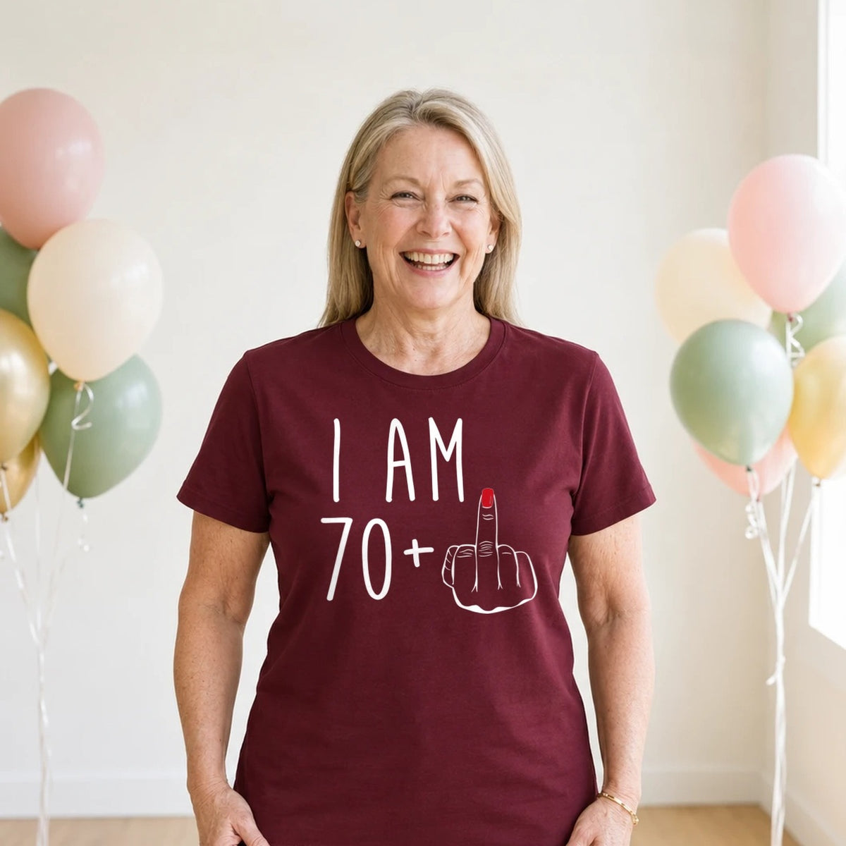 I Am 70 + Middle Finger - Funny 71st Birthday T-Shirt for Women - Burgundy Round Neck