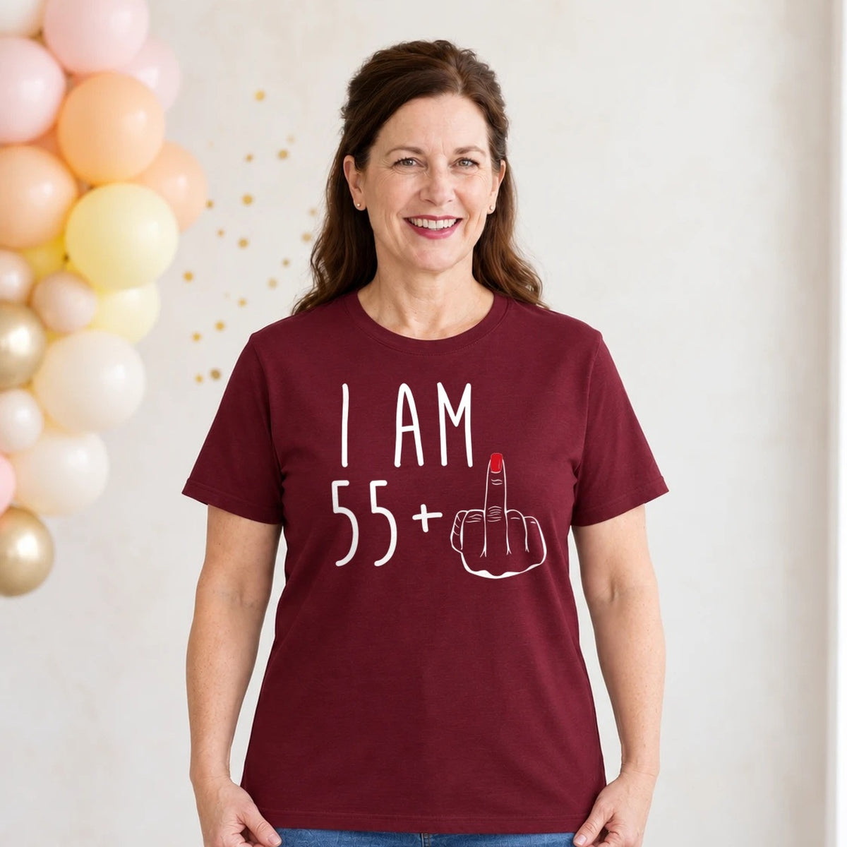 I Am 55 + Middle Finger - Funny 56th Birthday T-Shirt for Women - Burgundy Round Neck