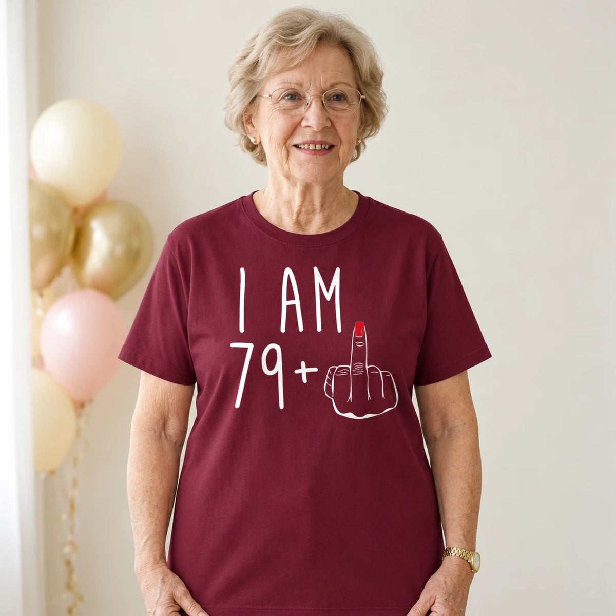 I Am 79 + Middle Finger - Funny 80th Birthday T-Shirt for Women - Burgundy Round Neck