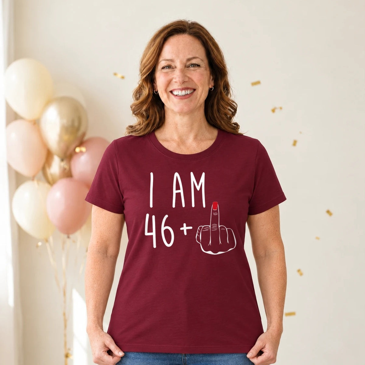 I Am 46 + Middle Finger - Funny 47th Birthday T-Shirt for Women - Burgundy Round Neck