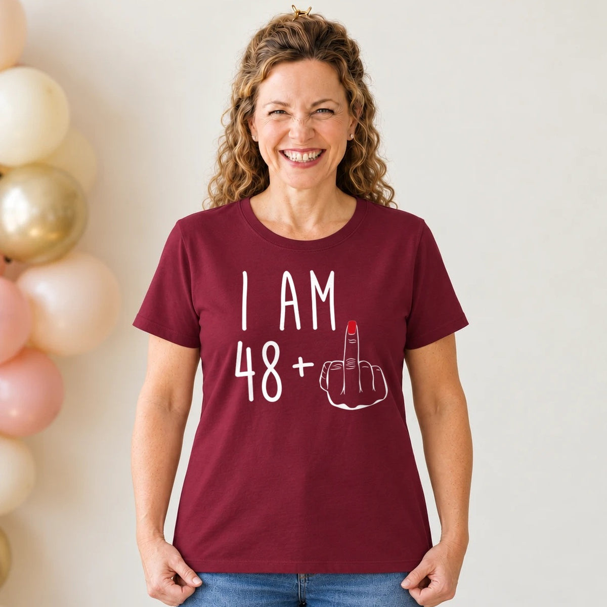 I Am 48 + Middle Finger - Funny 49th Birthday T-Shirt for Women - Burgundy Round Neck