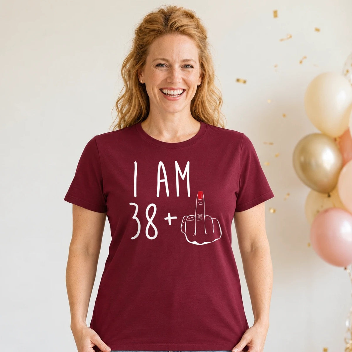 I Am 38 + Middle Finger - Funny 39th Birthday T-Shirt for Women - Burgundy Round Neck