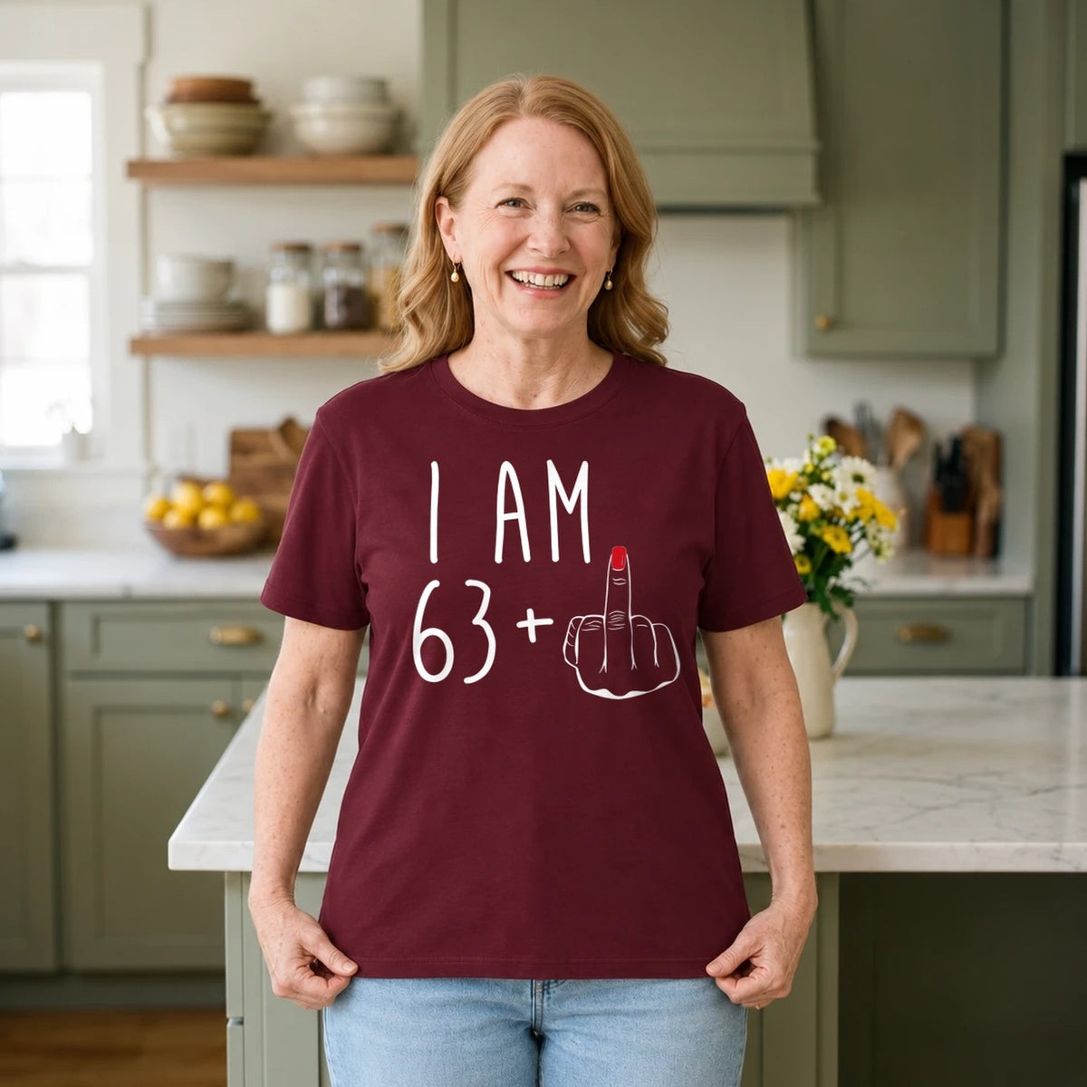 I Am 63 + Middle Finger - Funny 64th Birthday T-Shirt for Women - Burgundy Round Neck