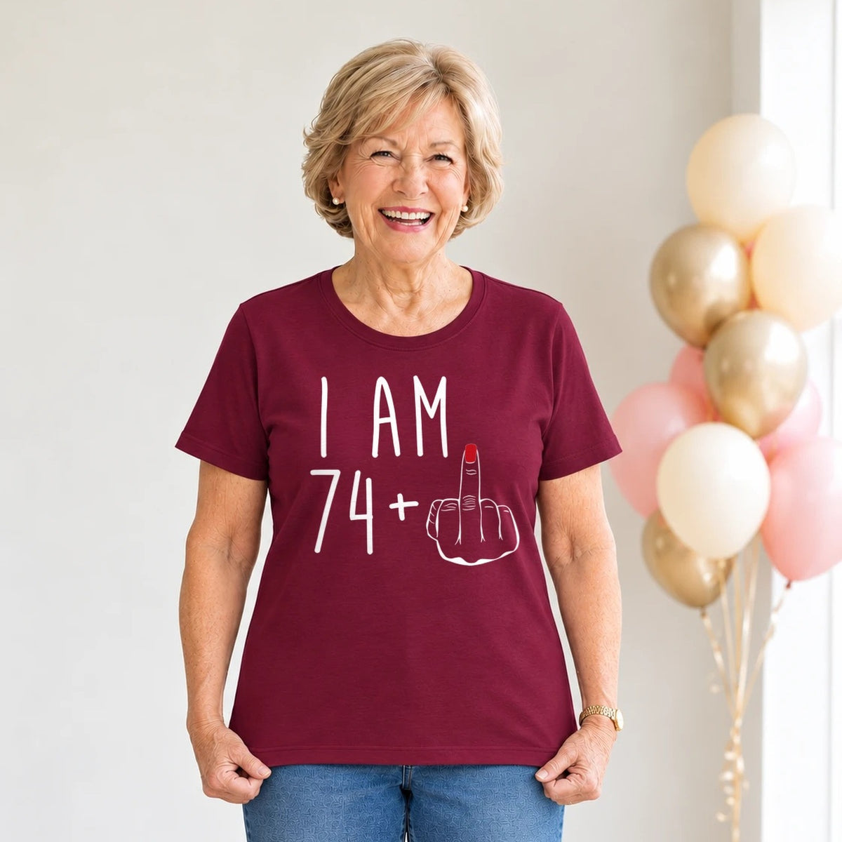 I Am 74 + Middle Finger - Funny 75th Birthday T-Shirt for Women - Burgundy Round Neck