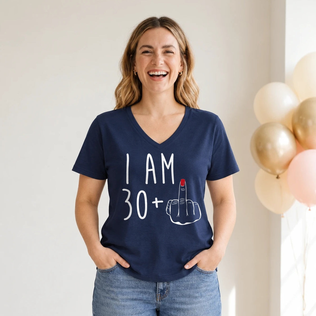I Am 30 + Middle Finger - Funny 31st Birthday T-Shirt for Women - Navy Blue V-Neck