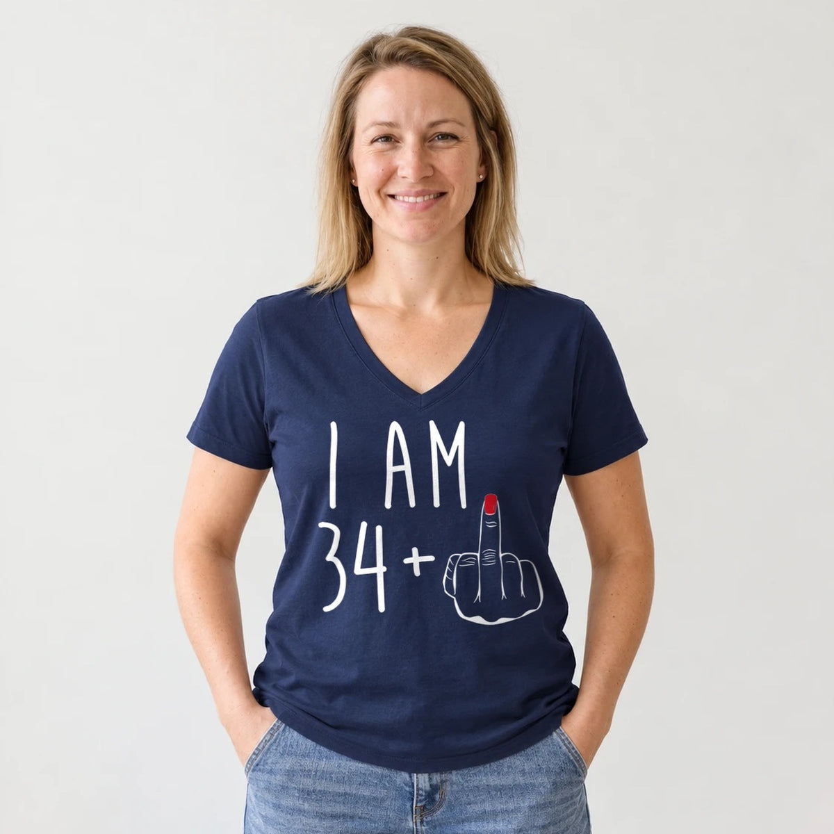 I Am 34 + Middle Finger - Funny 35th Birthday T-Shirt for Women - Navy Blue V-Neck