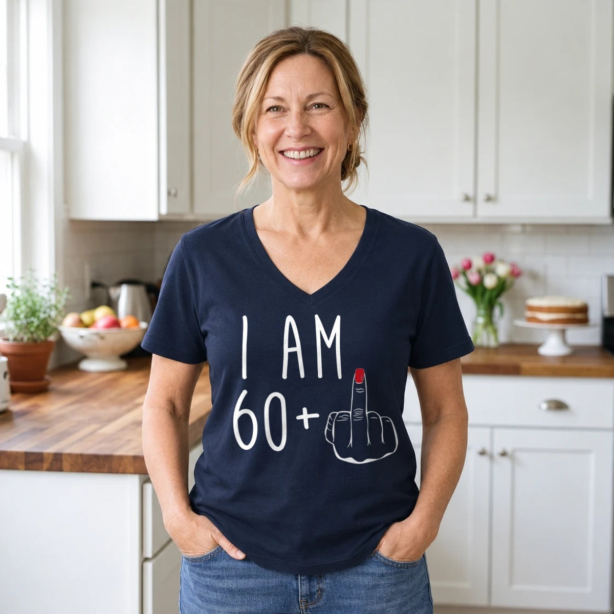 I Am 60 + Middle Finger - Funny 61st Birthday T-Shirt for Women - Navy Blue V-Neck