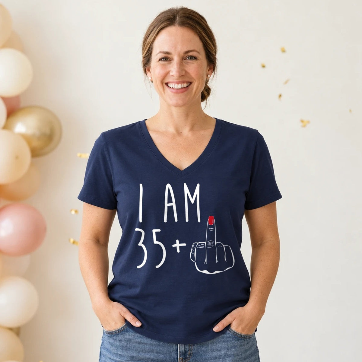 I Am 35 + Middle Finger - Funny 36th Birthday T-Shirt for Women - Navy Blue V-Neck
