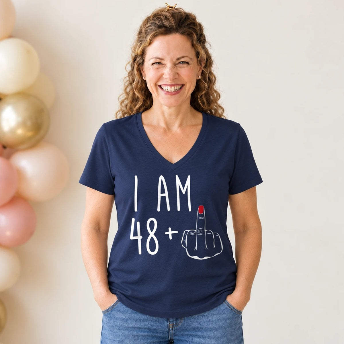 I Am 48 + Middle Finger - Funny 49th Birthday T-Shirt for Women - Navy Blue V-Neck