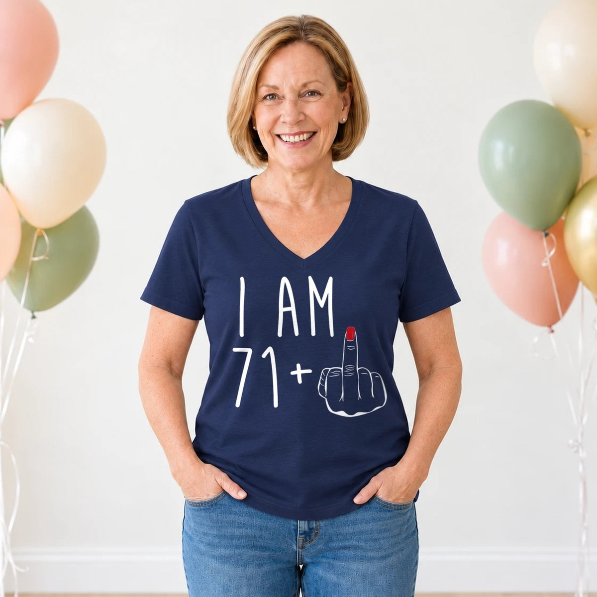 I Am 71 + Middle Finger - Funny 72nd Birthday T-Shirt for Women - Navy Blue V-Neck