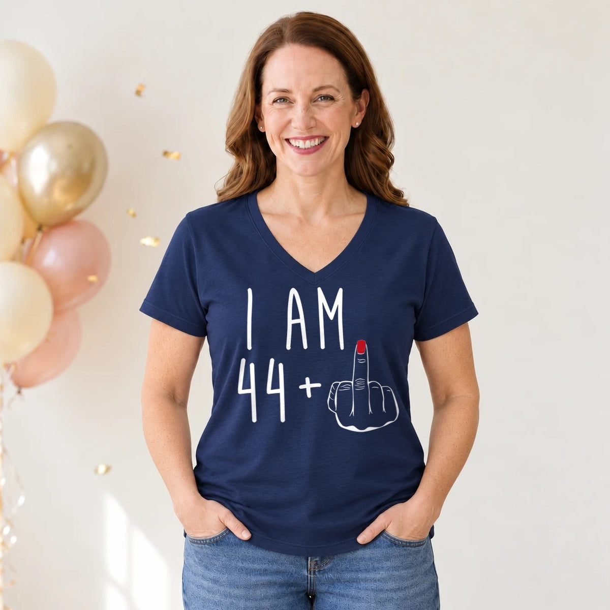 I Am 44 + Middle Finger - Funny 45th Birthday T-Shirt for Women - Navy Blue V-Neck