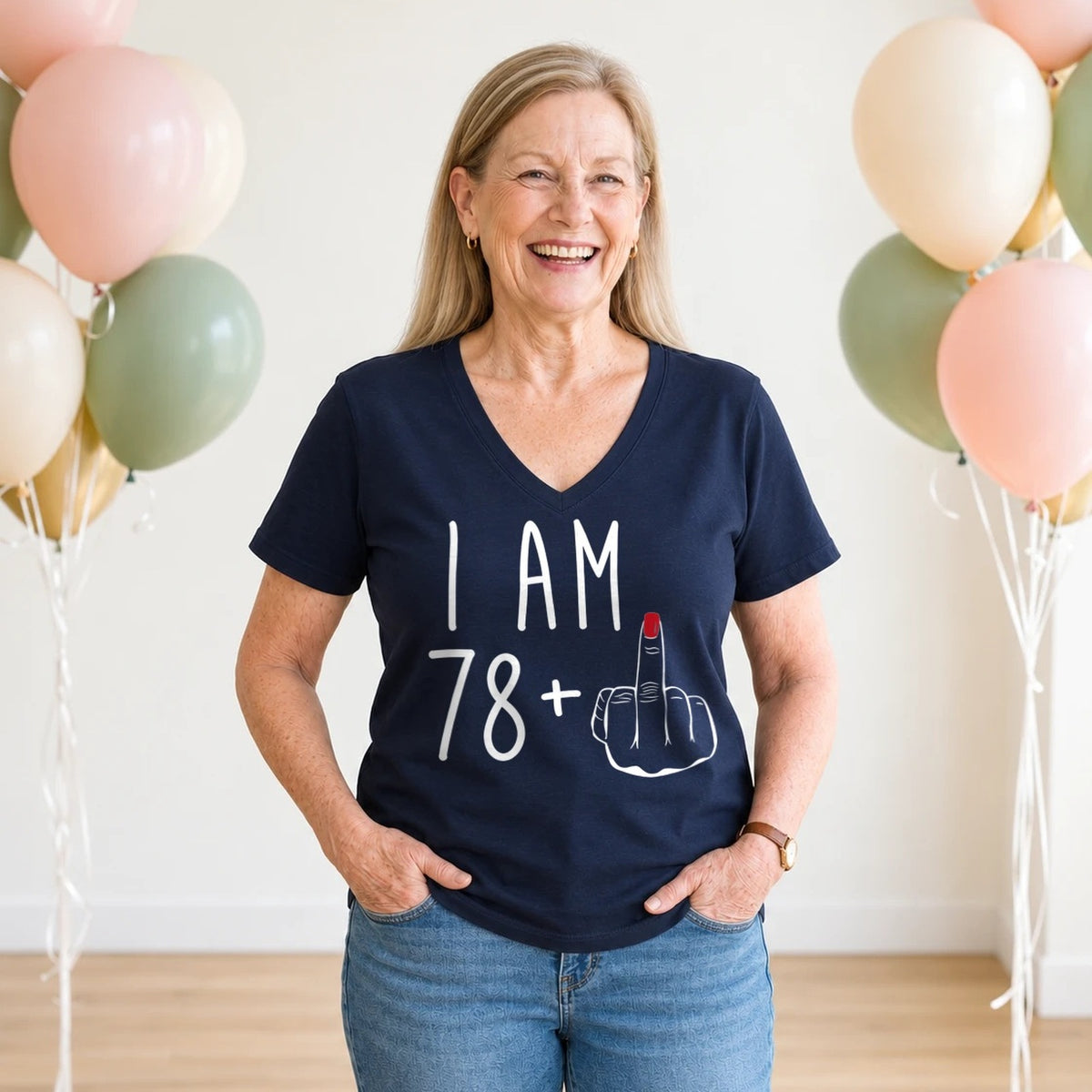 I Am 78 + Middle Finger - Funny 79th Birthday T-Shirt for Women - Navy Blue V-Neck