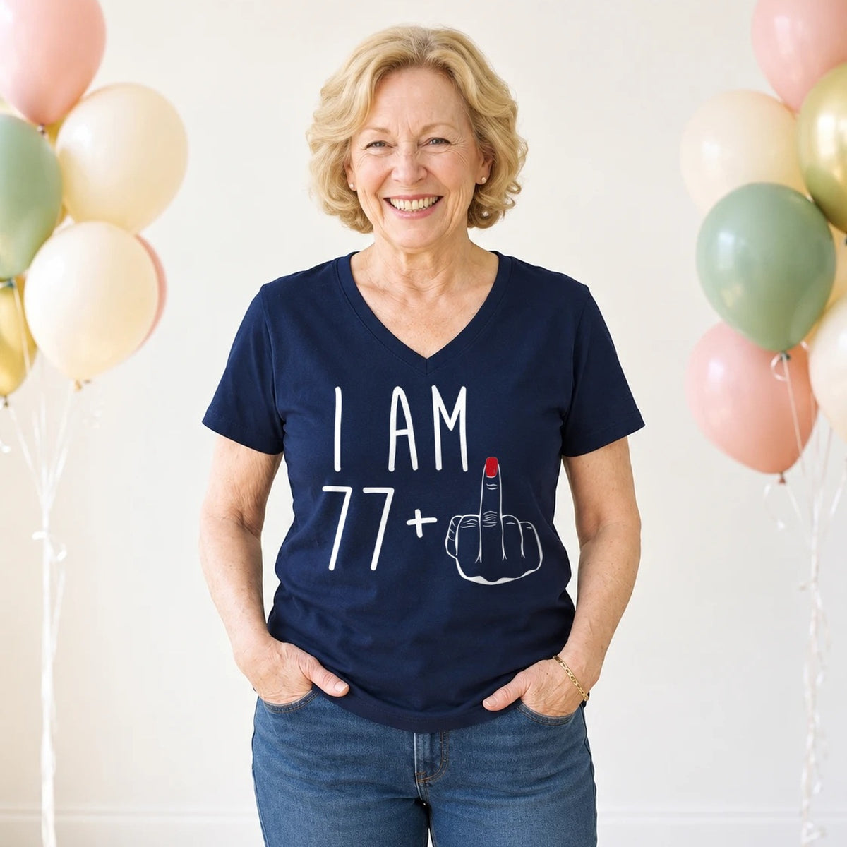 I Am 77 + Middle Finger - Funny 78th Birthday T-Shirt for Women - Navy Blue V-Neck