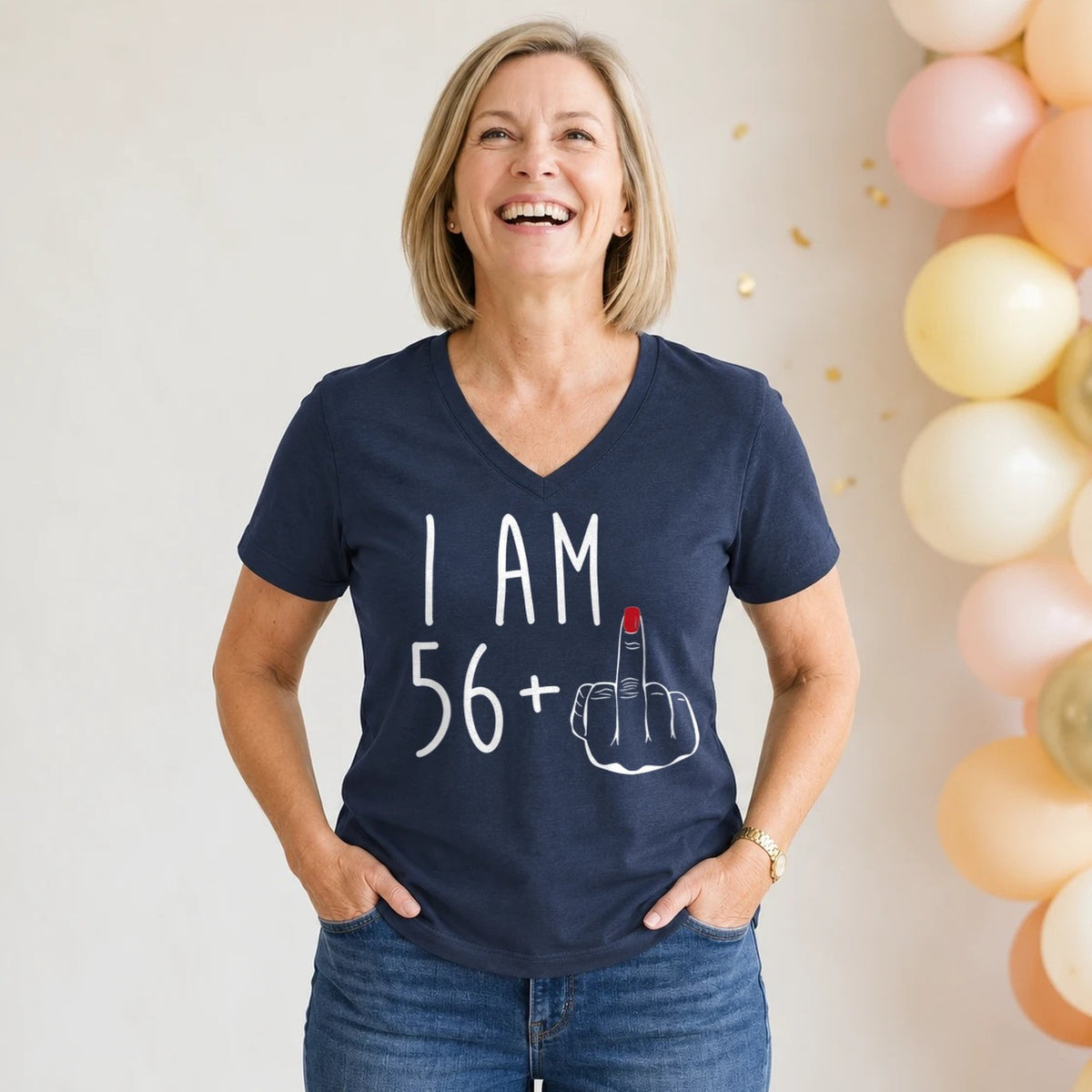 I Am 56 + Middle Finger - Funny 57th Birthday T-Shirt for Women - Navy Blue V-Neck