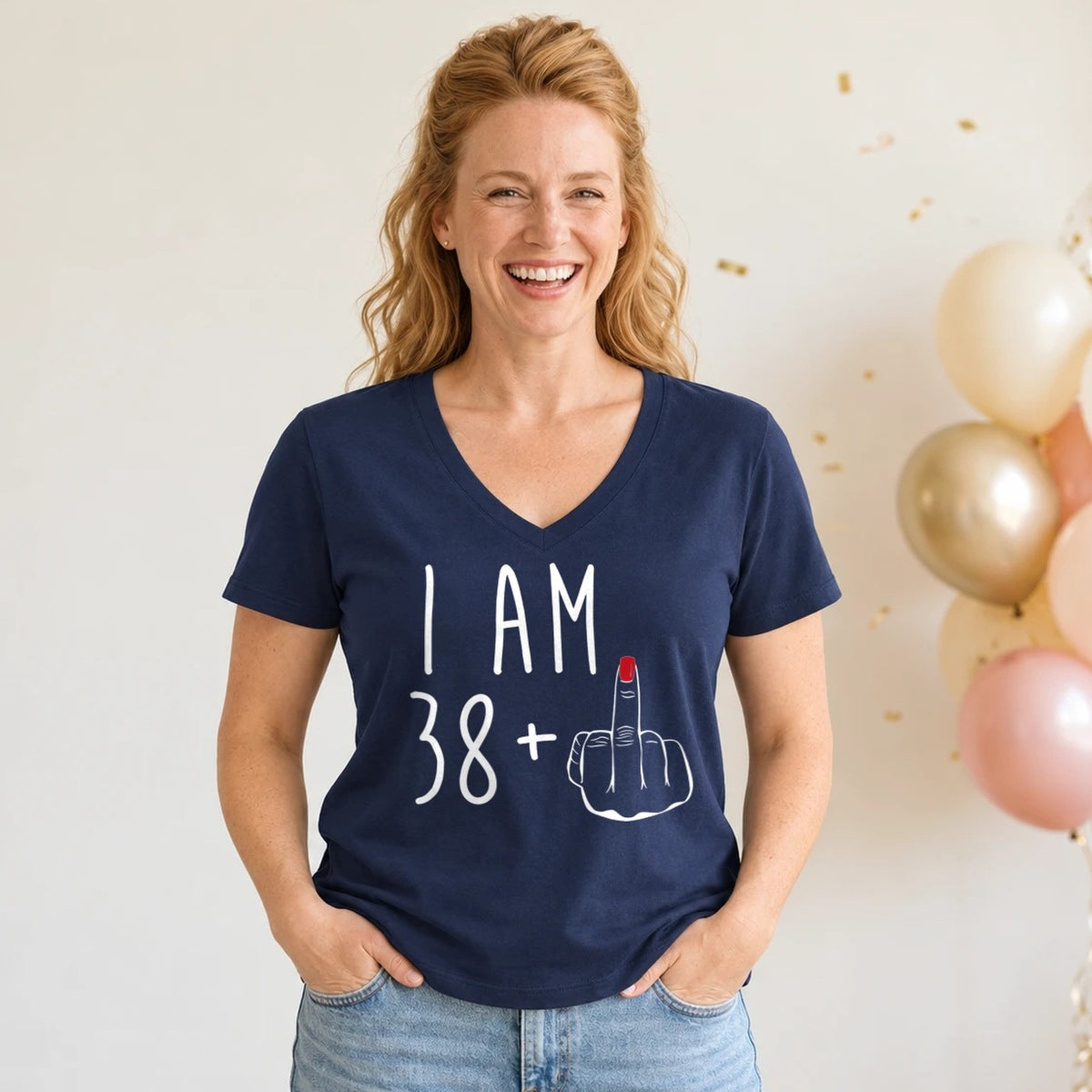 I Am 38 + Middle Finger - Funny 39th Birthday T-Shirt for Women - Navy Blue V-Neck