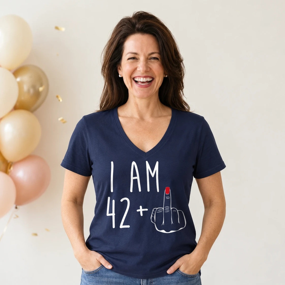 I Am 42 + Middle Finger - Funny 43rd Birthday T-Shirt for Women - Navy Blue V-Neck