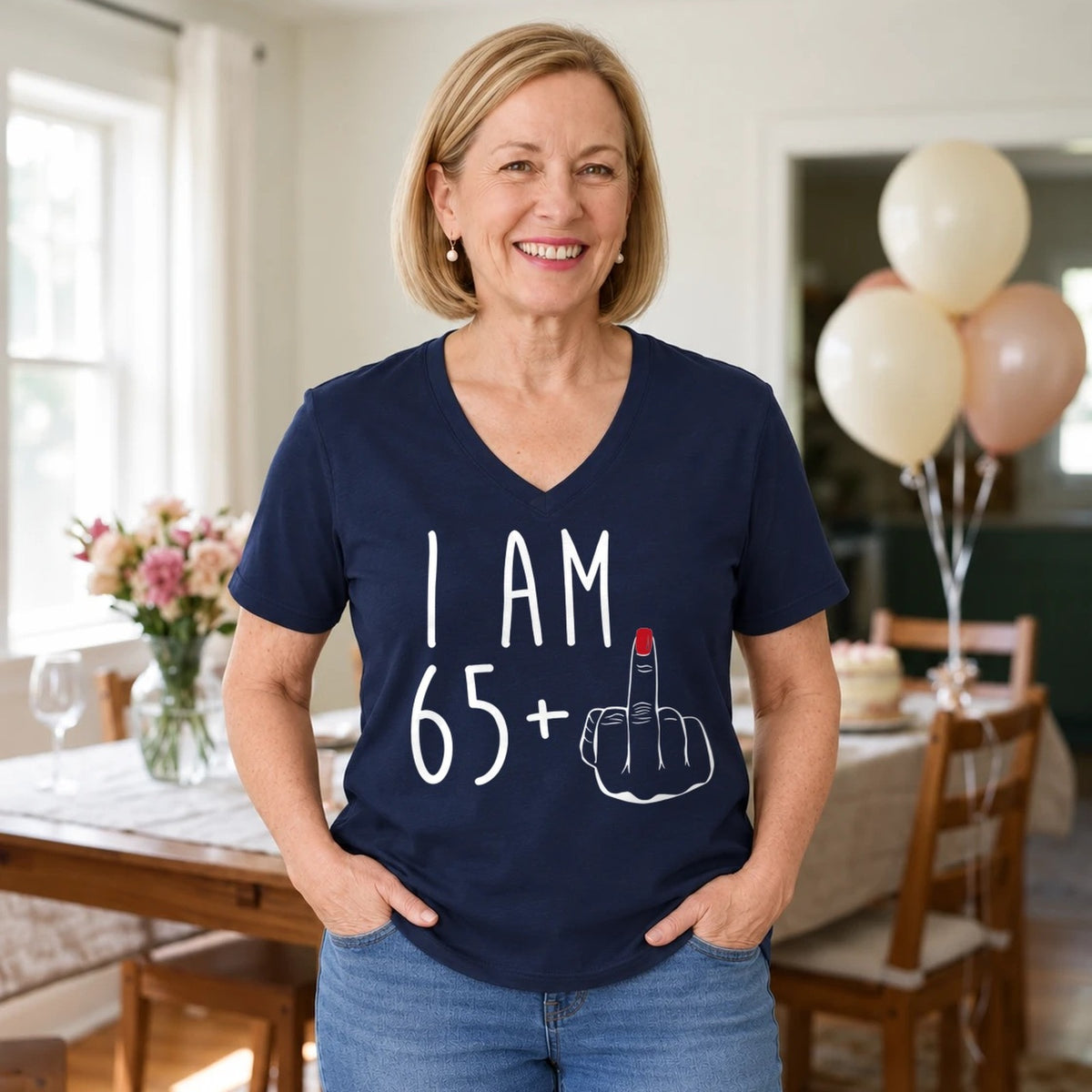 I Am 65 + Middle Finger - Funny 66th Birthday T-Shirt for Women - Navy Blue V-Neck