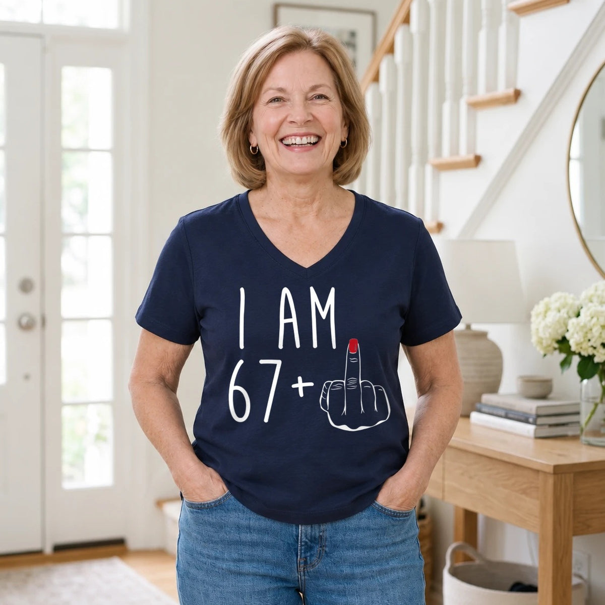 I Am 67 + Middle Finger - Funny 68th Birthday T-Shirt for Women - Navy Blue V-Neck