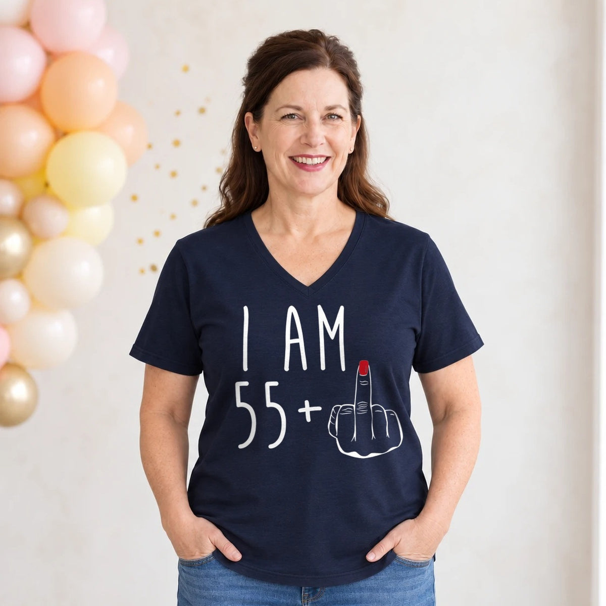 I Am 55 + Middle Finger - Funny 56th Birthday T-Shirt for Women - Navy Blue V-Neck