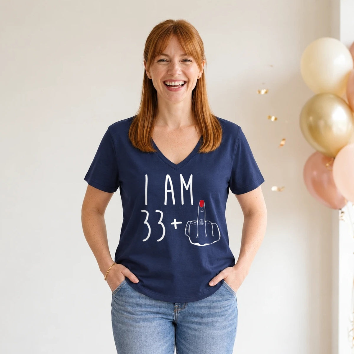 I Am 33 + Middle Finger - Funny 34th Birthday T-Shirt for Women - Navy Blue V-Neck