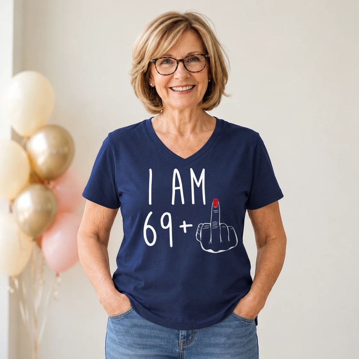 I Am 69 + Middle Finger - Funny 70th Birthday T-Shirt for Women - Navy Blue V-Neck