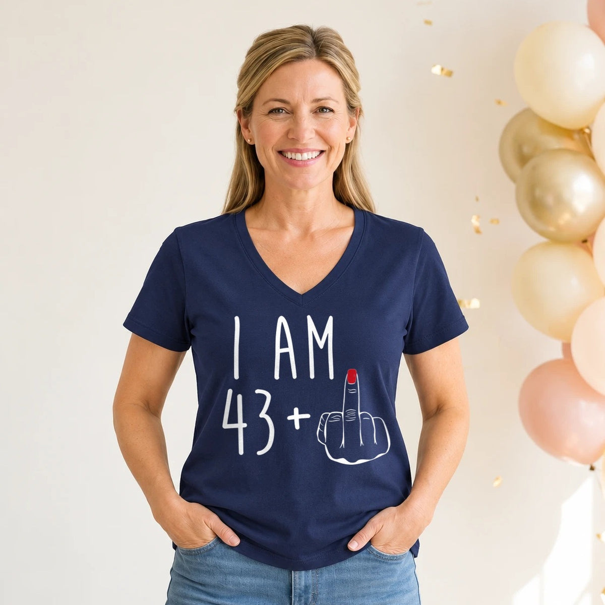 I Am 43 + Middle Finger - Funny 44th Birthday T-Shirt for Women - Navy Blue V-Neck