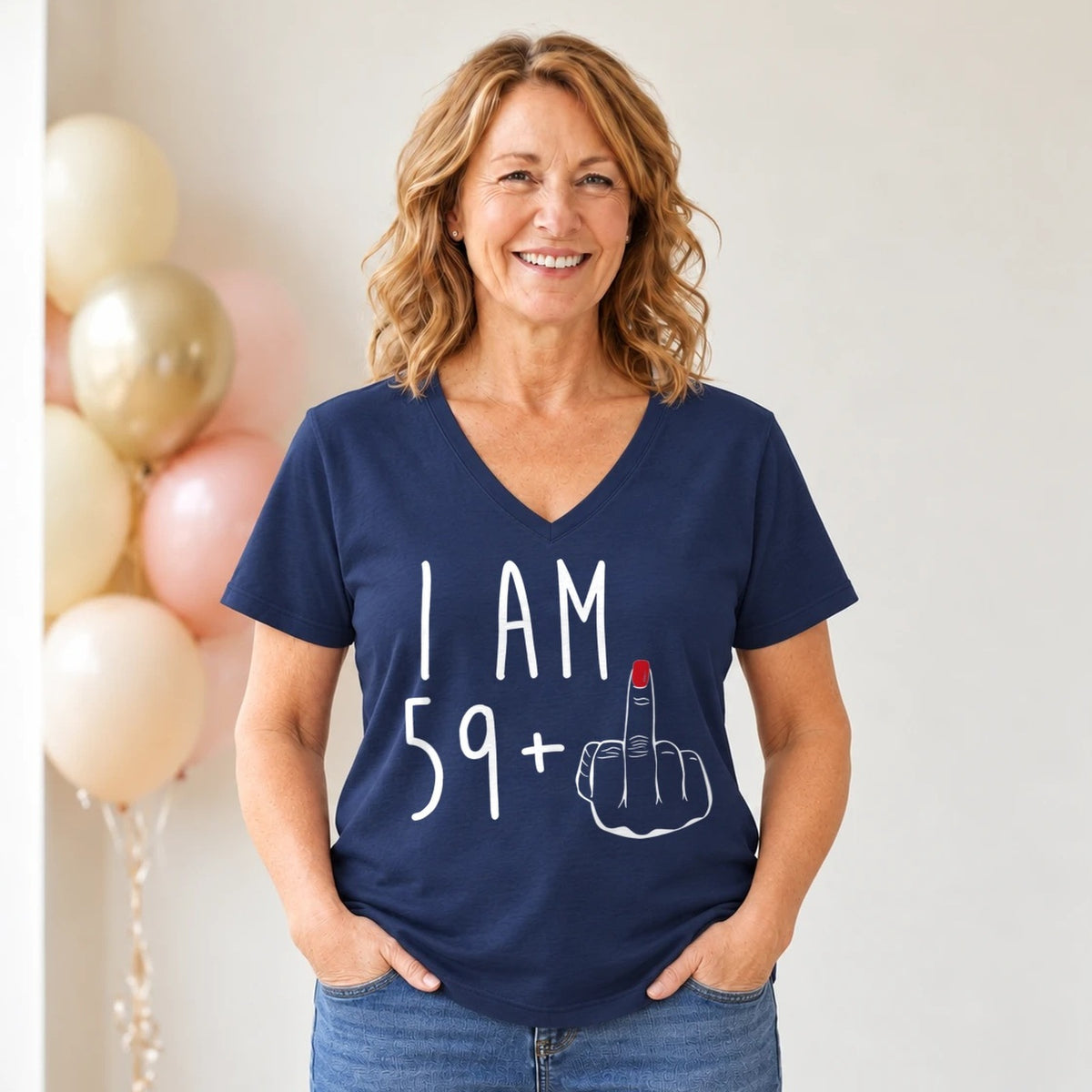 I Am 59 + Middle Finger - Funny 60th Birthday T-Shirt for Women - Navy Blue V-Neck