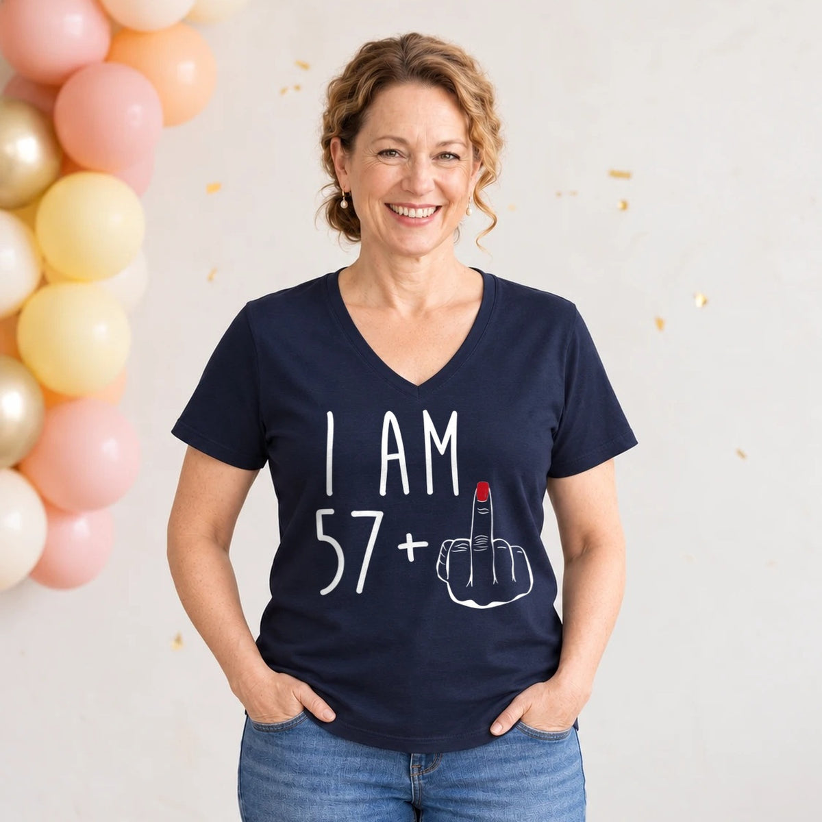 I Am 57 + Middle Finger - Funny 58th Birthday T-Shirt for Women - Navy Blue V-Neck