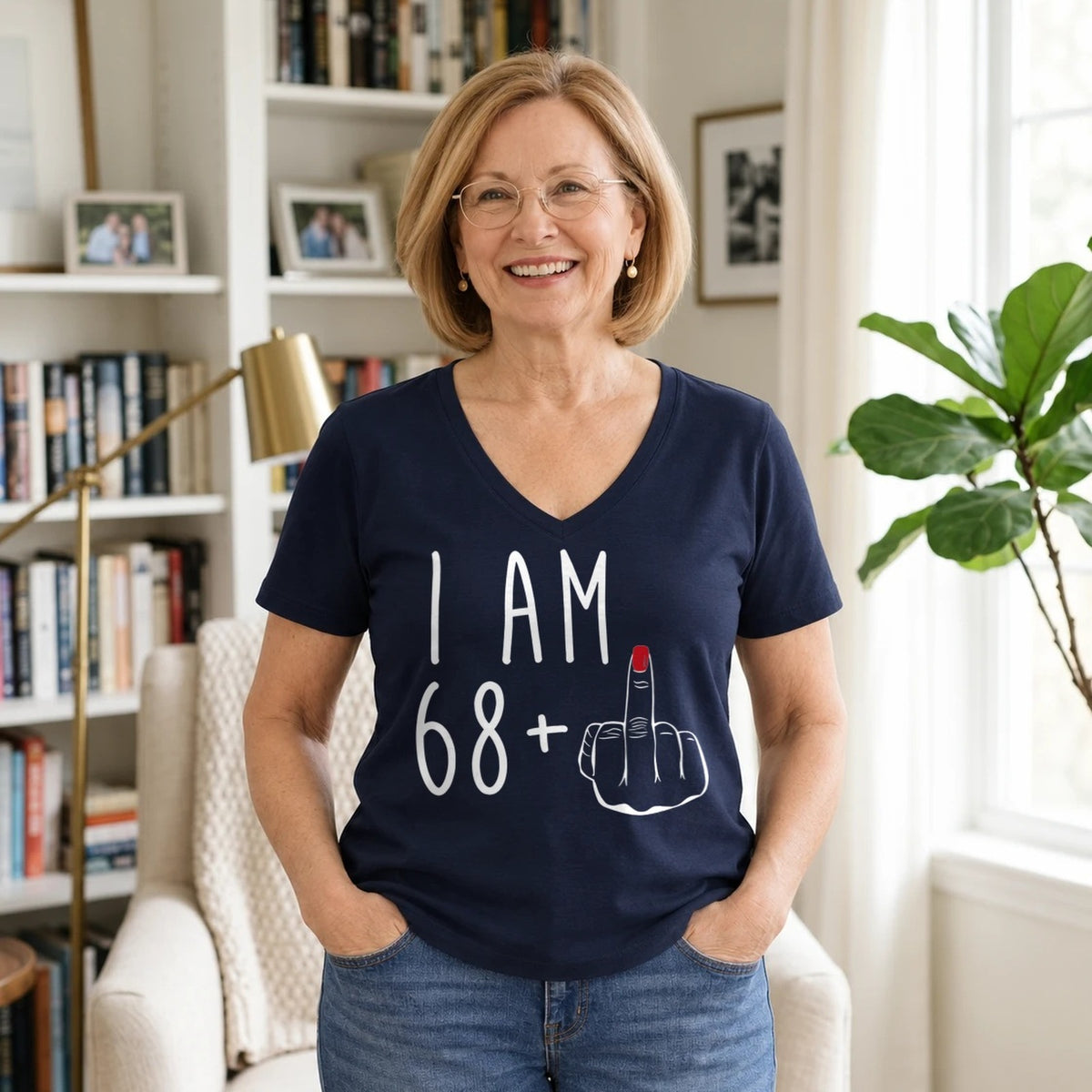 I Am 68 + Middle Finger - Funny 69th Birthday T-Shirt for Women - Navy Blue V-Neck