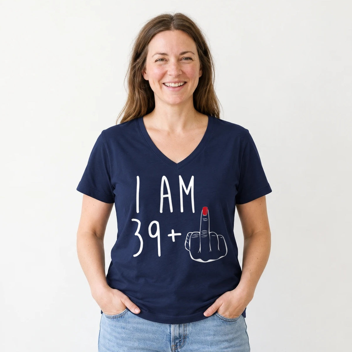 I Am 39 + Middle Finger - Funny 40th Birthday T-Shirt for Women - Navy Blue V-Neck