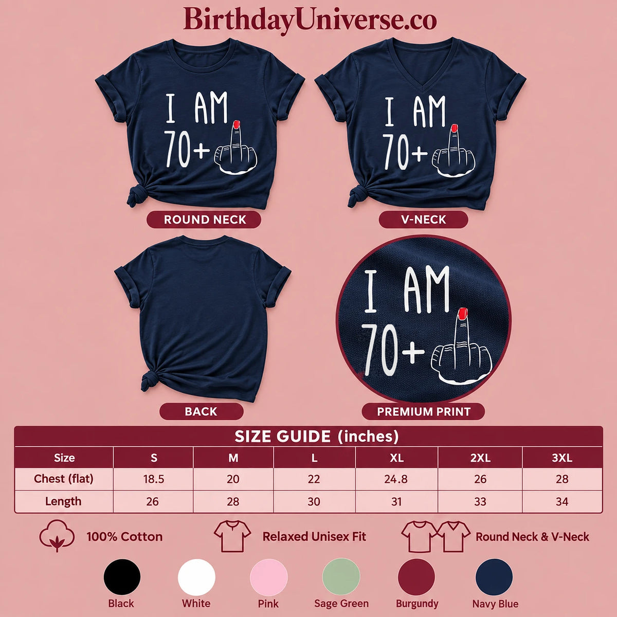 I Am 70 + Middle Finger 71st Birthday T-Shirt - Size Guide and Colors