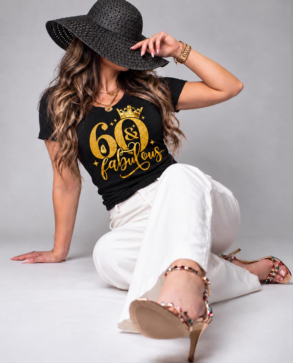 60 & Fabulous women's birthday t-shirt with gold crown and glitter design