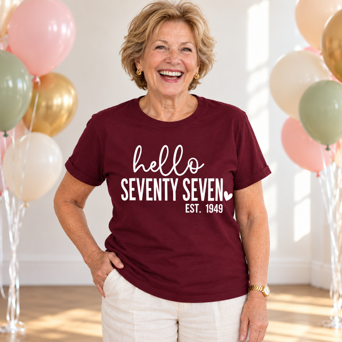 Hello Seventy-Seven 77th Birthday T-Shirt – Est. 1949
