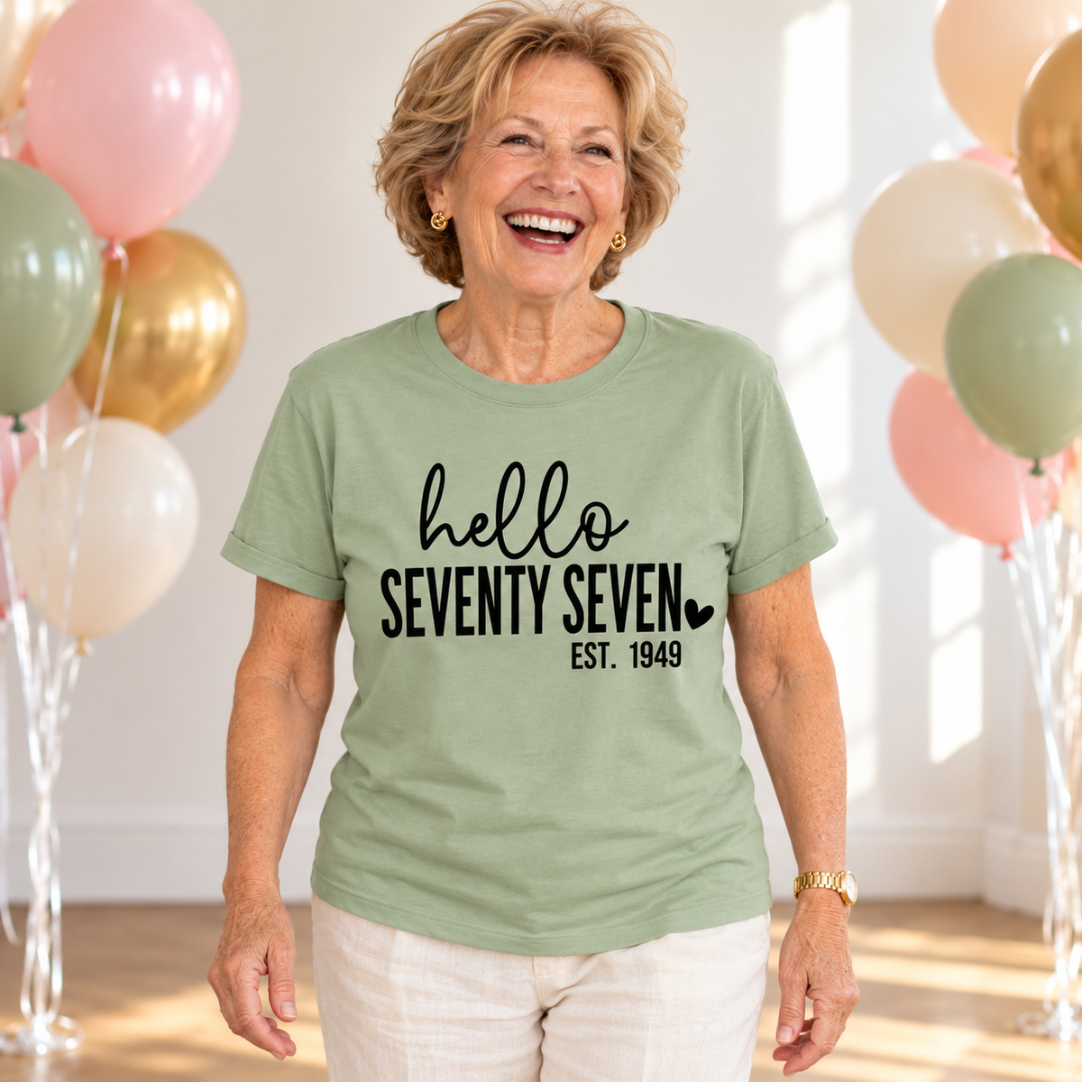 Hello Seventy-Seven 77th Birthday T-Shirt – Est. 1949