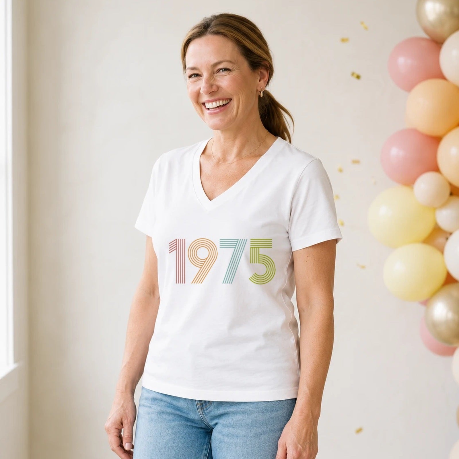 1975 Birth Year Shirt - Retro 51st Birthday T-Shirt for Women - White V-Neck